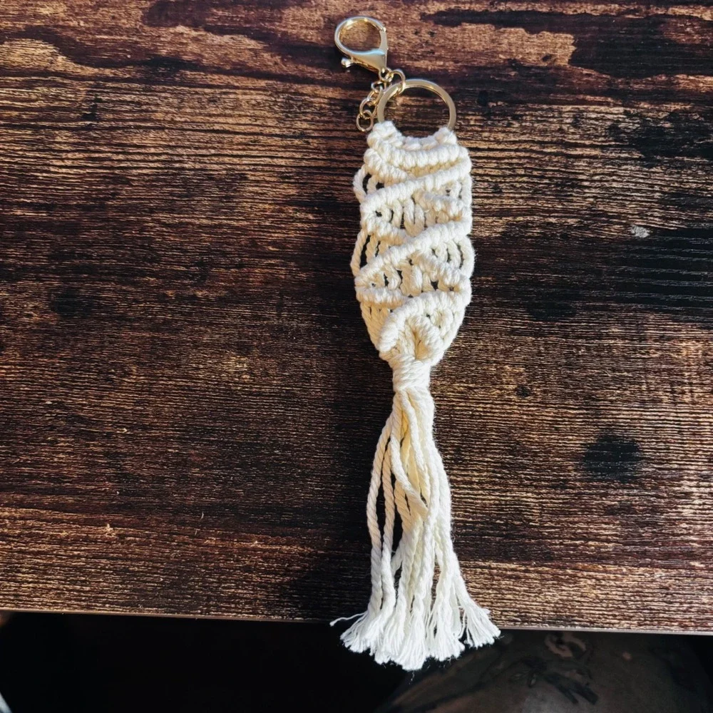 Handmade Macrame Keychain Boho Tassel Bag Charm Off White Gold Tone Hardware